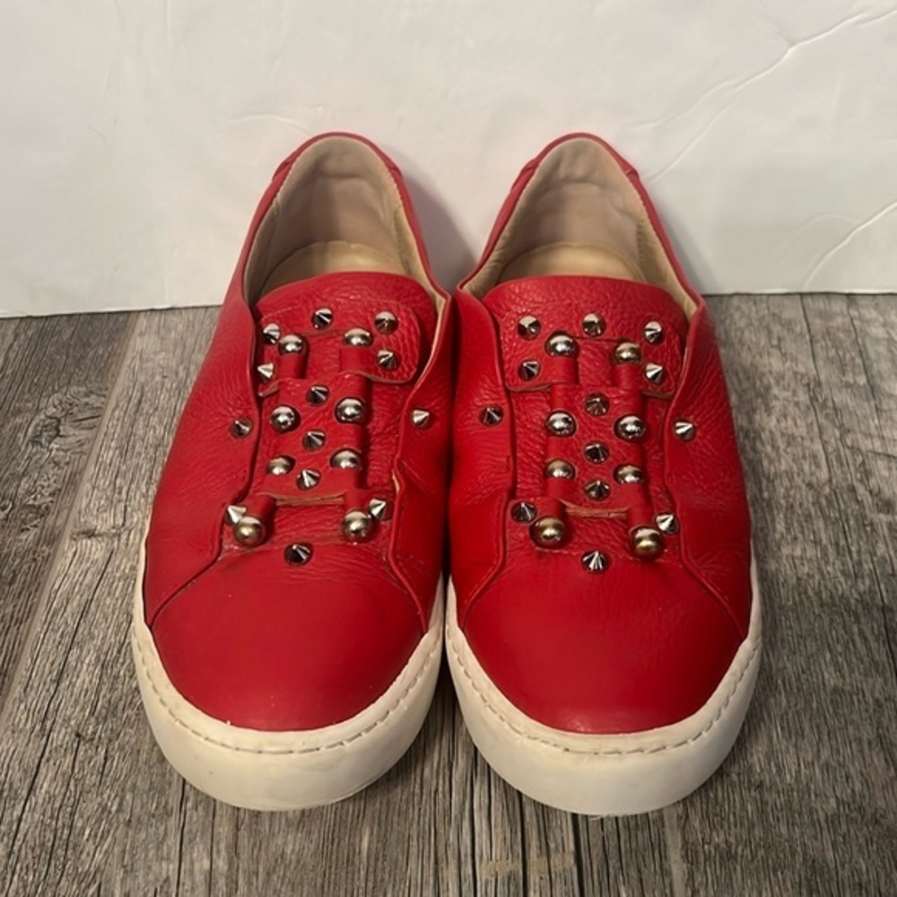 An hour and a shower red leather studded slip on sneakers shoes